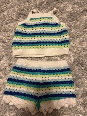Old Navy Cream, Blue, Green Stripe Knit Kids Matching Set